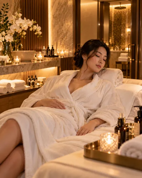 一位成年女性身着浴袍，在雅致的私人 SPA 护理区休息