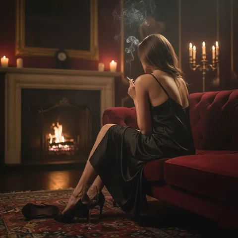 一位成年女性坐在壁炉附近的红色沙发上